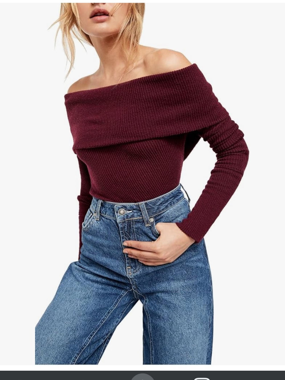 Free People Snow-bunny, Long Sleeve Bardot Sweater in
"Wine Du Vin" - Size Large